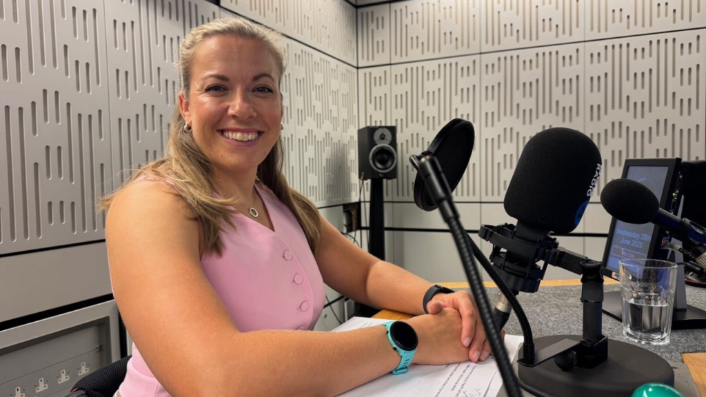 Image shows Hannah in the BBC Radio 4 studio