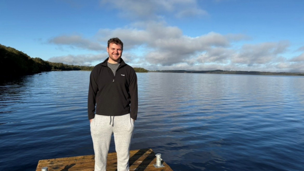 Picture shows Jack Dobson fundraiser for Newlife on the banks of a lake.